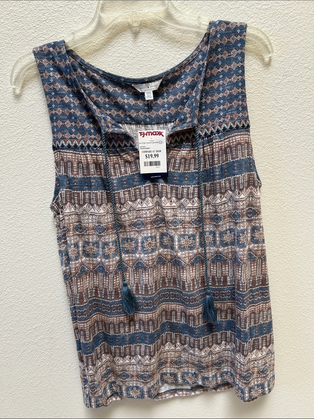 T.J.Maxx Blue and Brown Printed Tassel Tank Top
